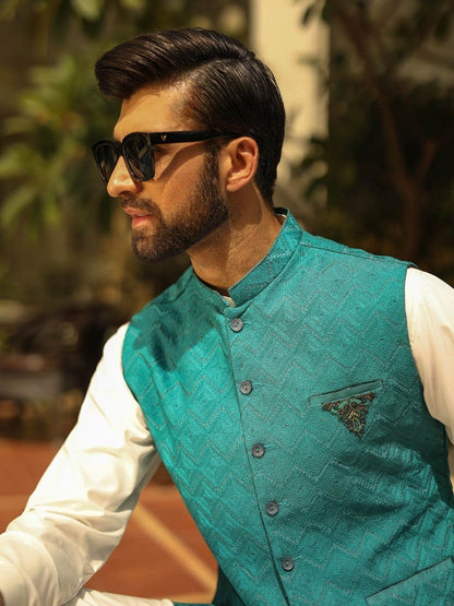 Edenrobe - Men's Turquoise Waist Coat Ceremonial - EMTWCC18-052