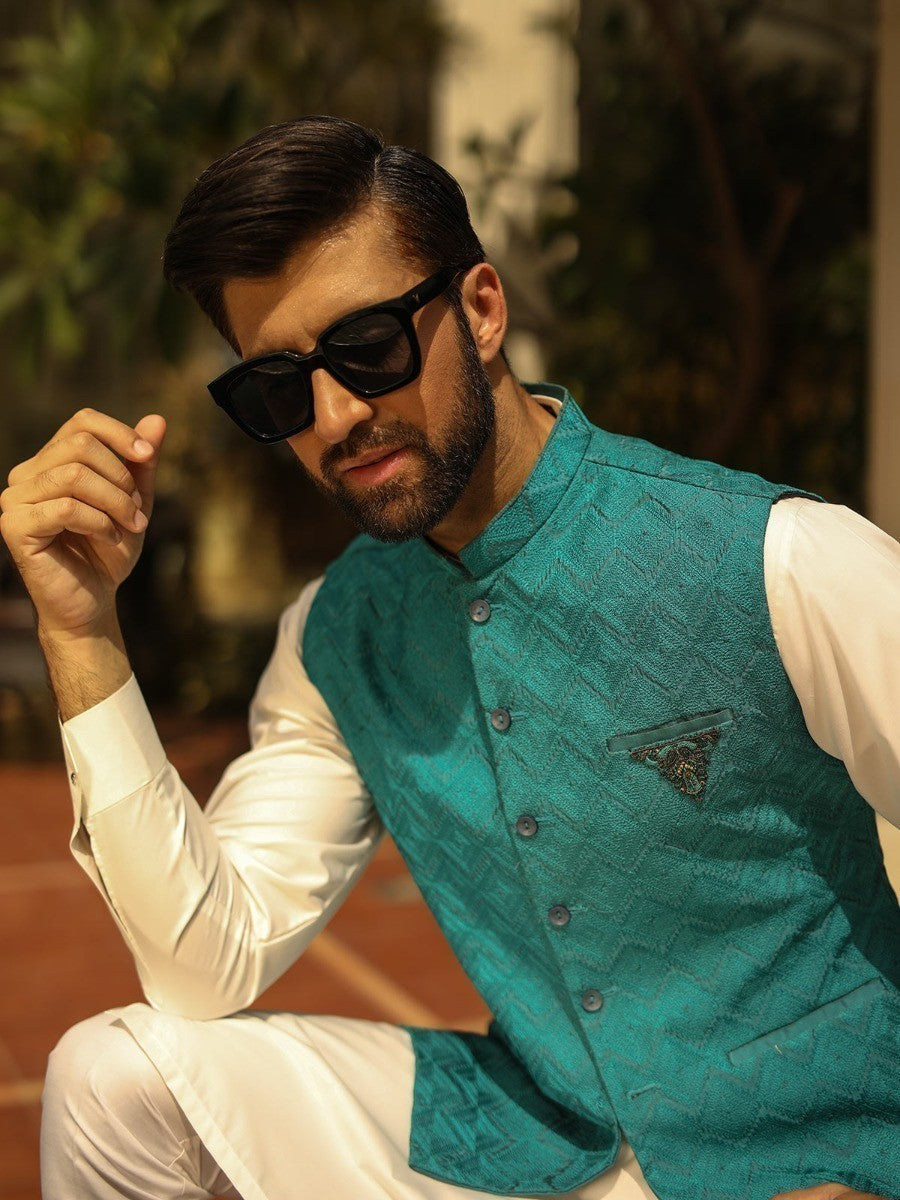 Edenrobe - Men's Turquoise Waist Coat Ceremonial - EMTWCC18-052