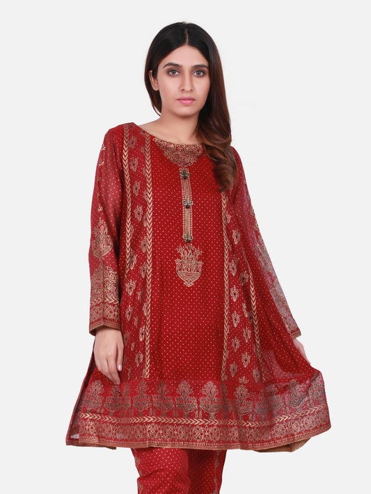 Edenrobe - Pret 2Pc Printed Maroon Shirt Trouser - ELTK18-66505 (2-Pcs)
