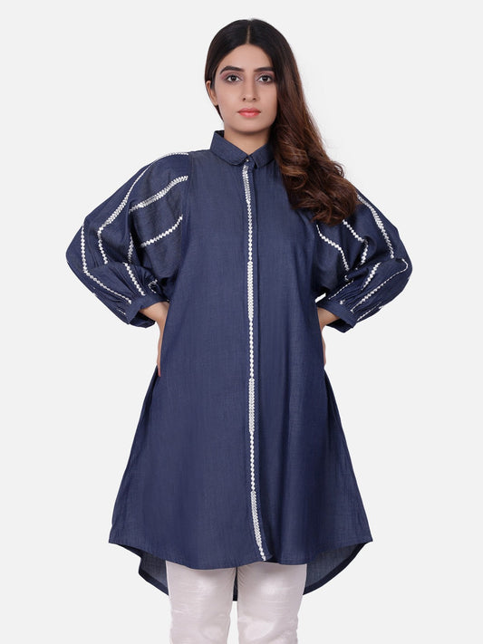 Edenrobe - Pret 1Pc Embroidered Denim Shirt - ELTKE18-66584
