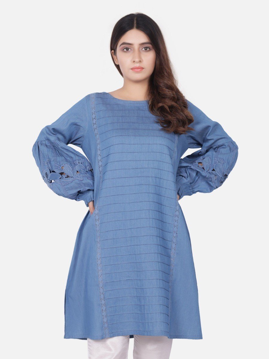 Edenrobe - Pret 1Pc Embroidered Blue Shirt - ELTKE18-66585