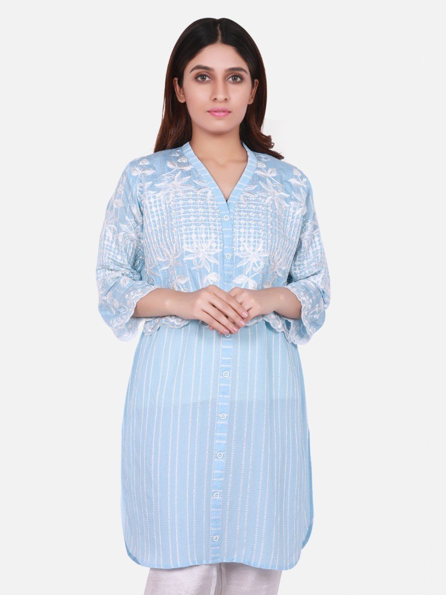 Edenrobe - Pret 1Pc Embroidered Blue Shirt - ELTKE18-66659