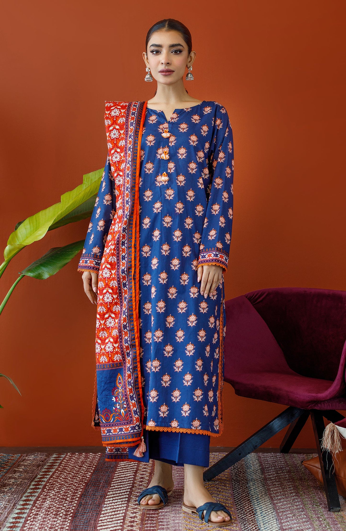 Orient - Unstitched 3 Piece Printed Cambric Shirt , Cambric Pant and Lawn Dupatta