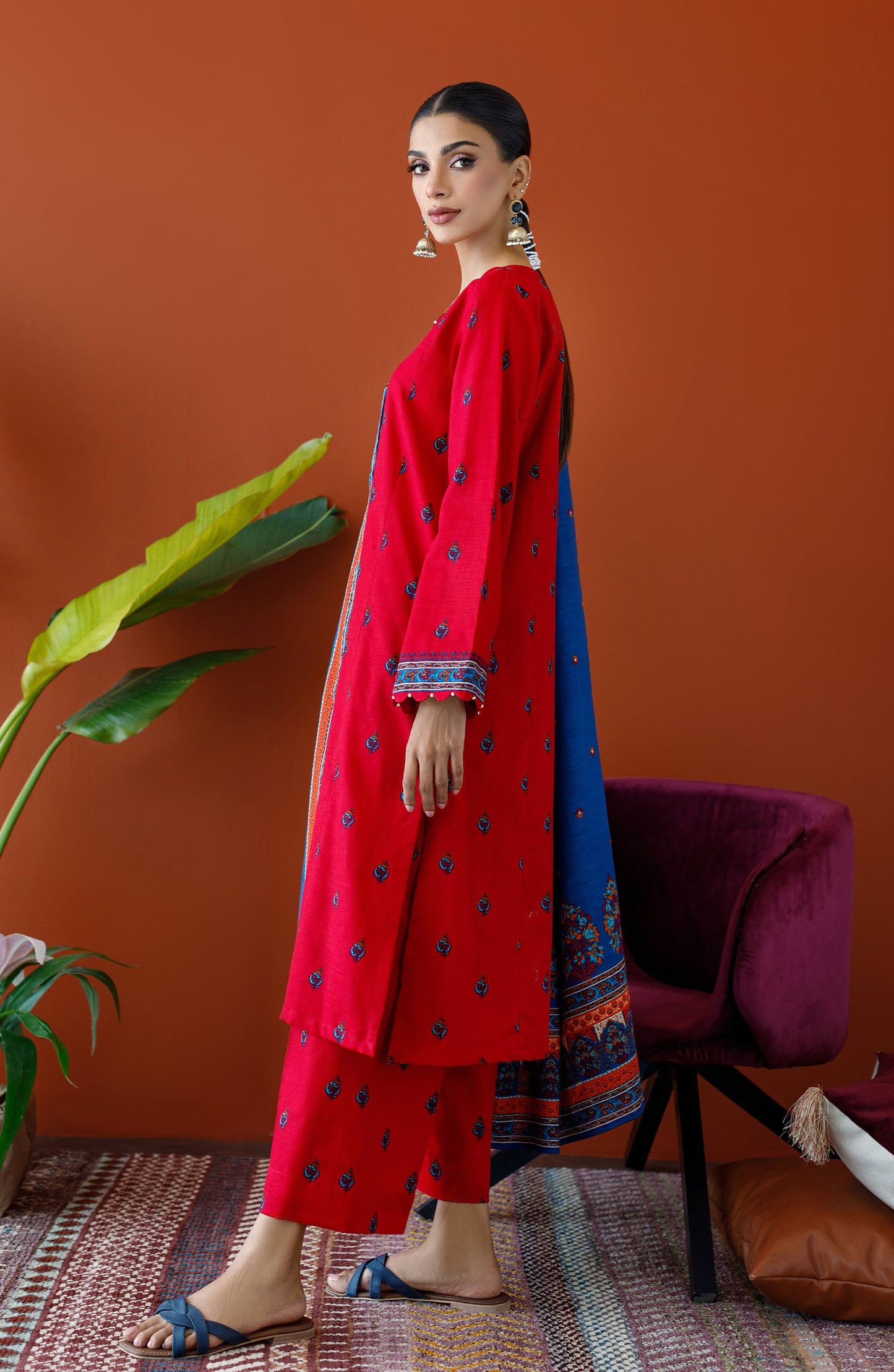 Orient - Stitched 3 Piece Printed Khaddar Shirt , Khaddar Pant and Khaddar Dupatta