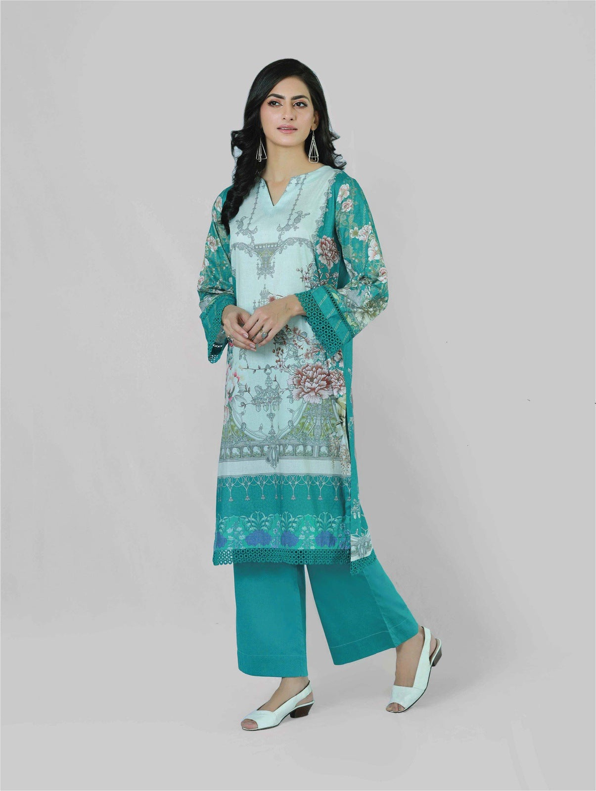 Bareeq Outfits - Florence Teal 3 Piece Printed Unstitched Suit