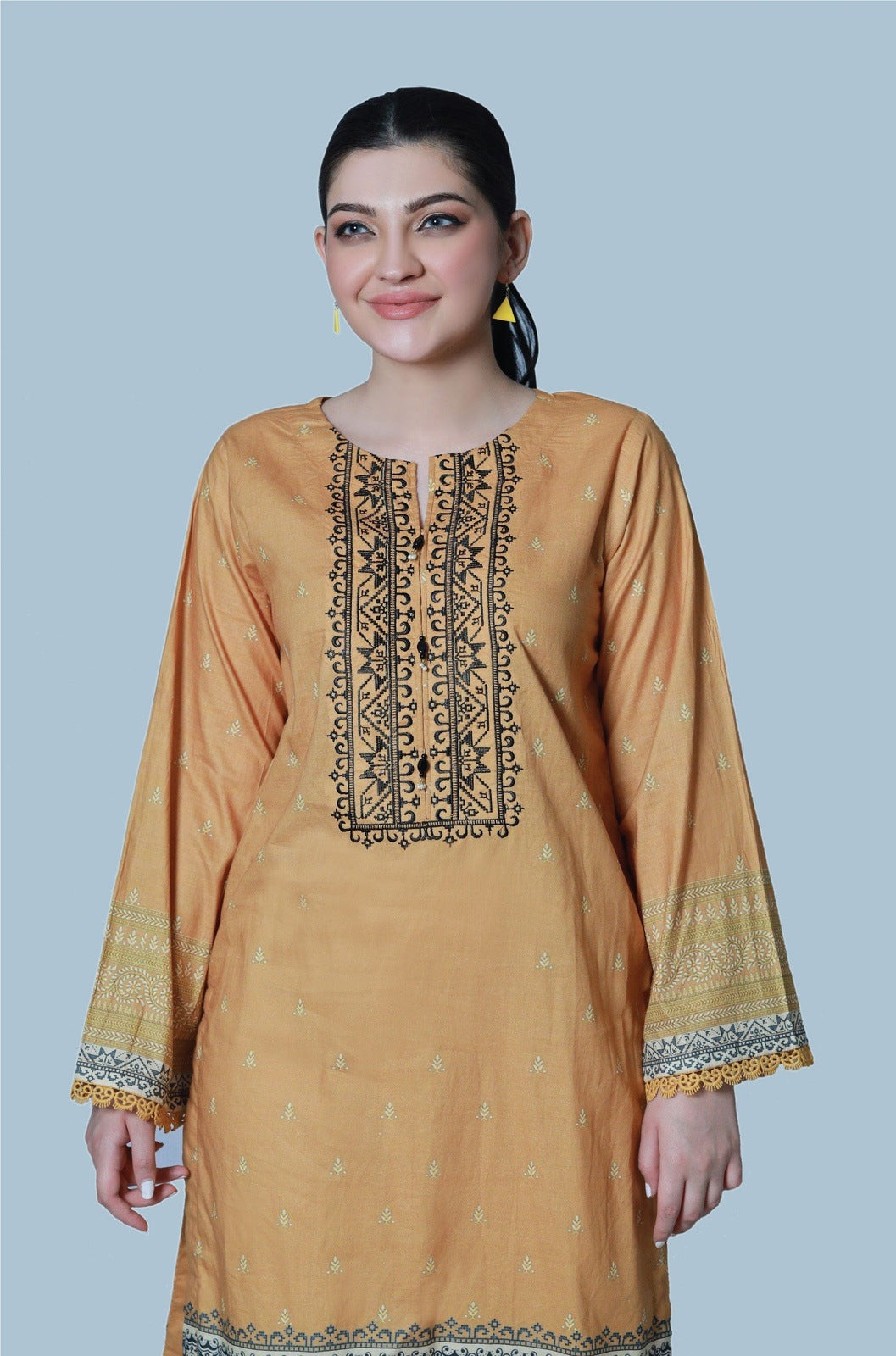 Bareeq Outfits - Ochre Glam Printed Lawn Shirt