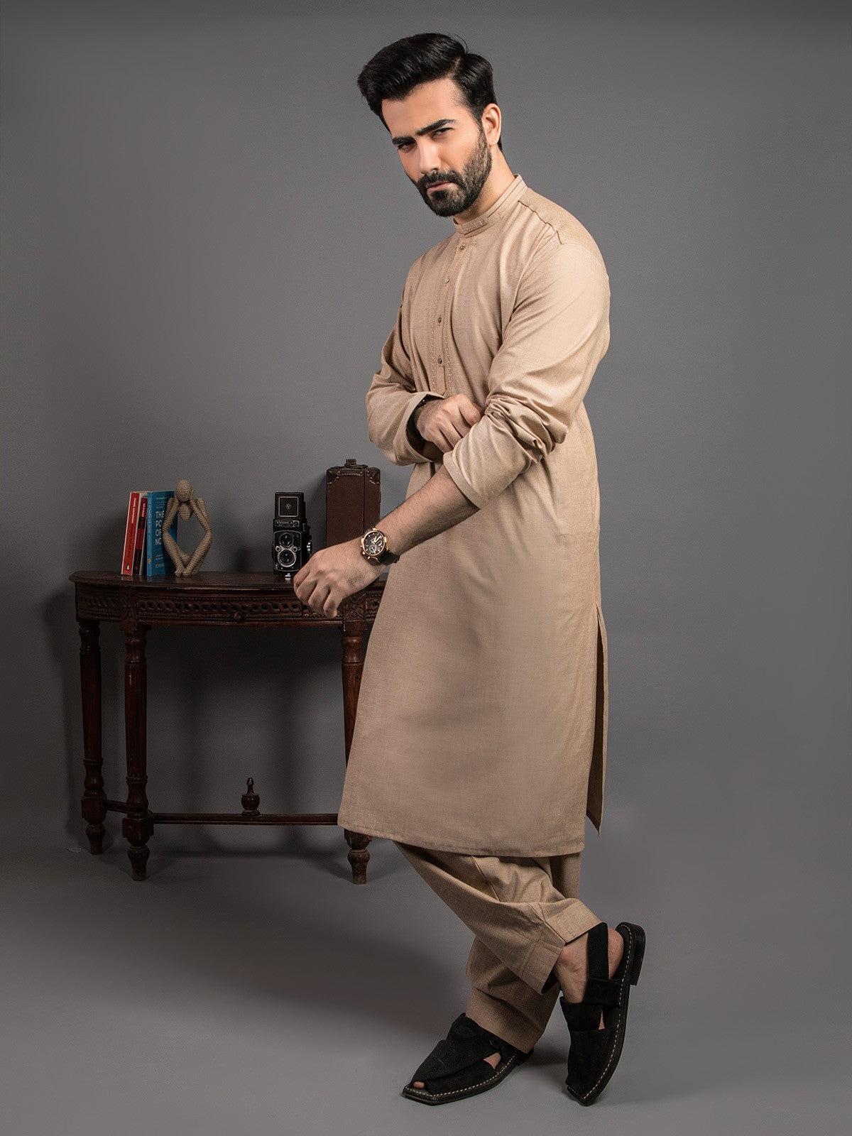 Edenrobe - Men's Sand Kurta Shalwar - EMTKS19S-40772