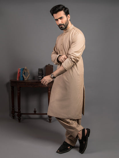 Edenrobe - Men's Sand Kurta Shalwar - EMTKS19S-40772
