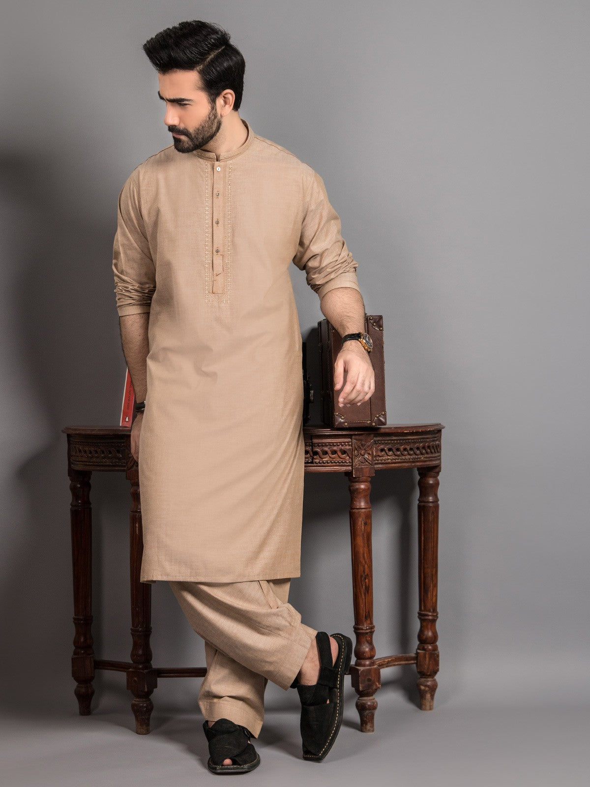 Edenrobe - Men's Sand Kurta Shalwar - EMTKS19S-40772