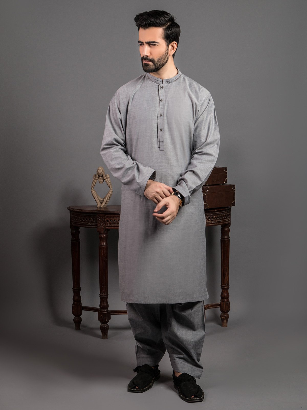 Edenrobe - Men's Grey Kurta Shalwar - EMTKS19S-40777