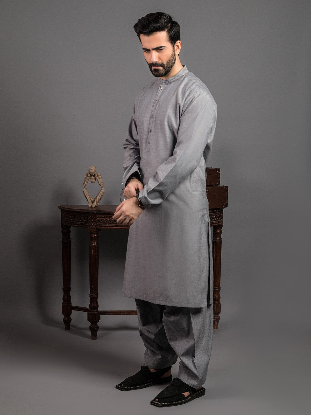 Edenrobe - Men's Grey Kurta Shalwar - EMTKS19S-40777