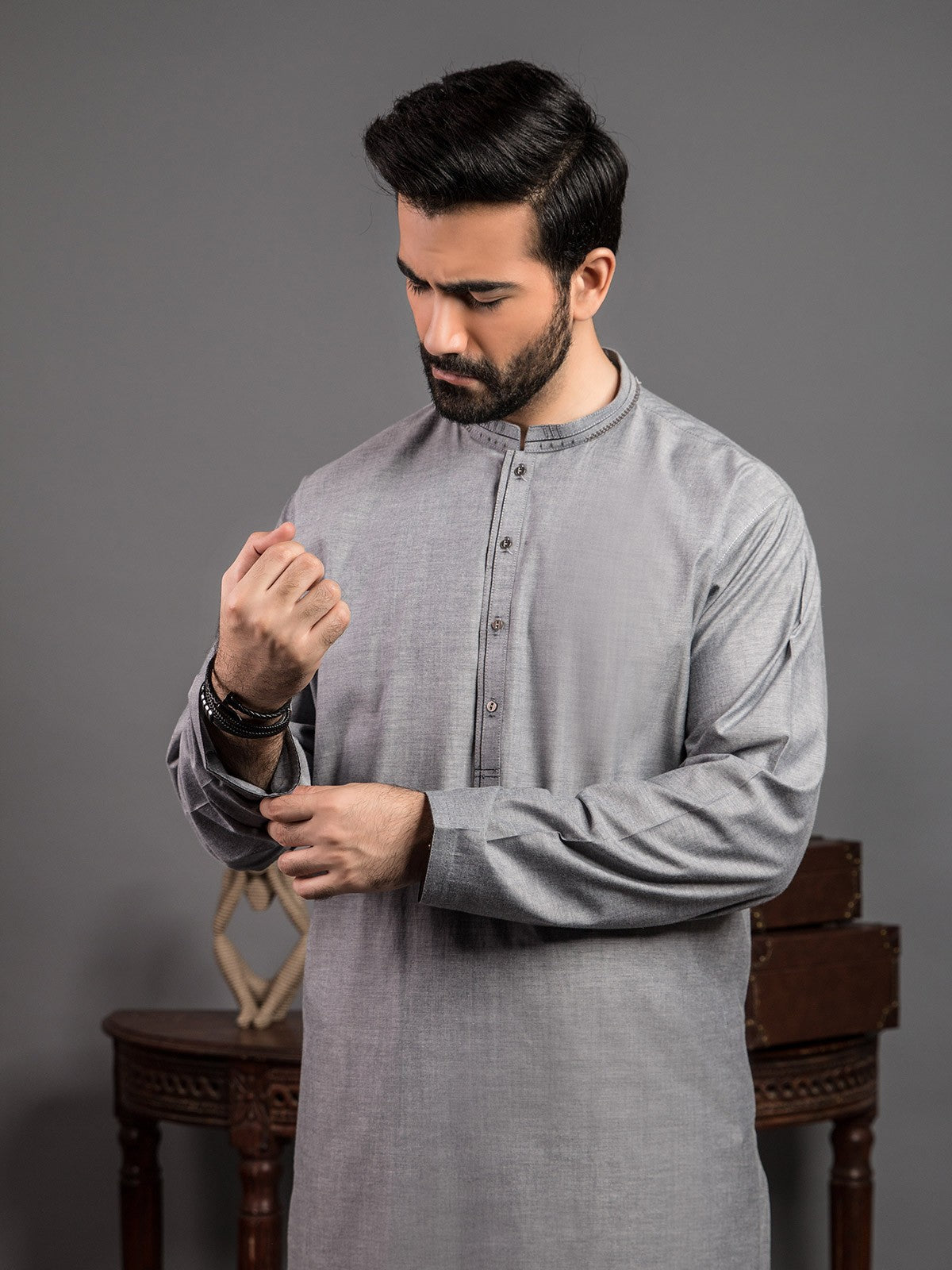 Edenrobe - Men's Grey Kurta Shalwar - EMTKS19S-40777