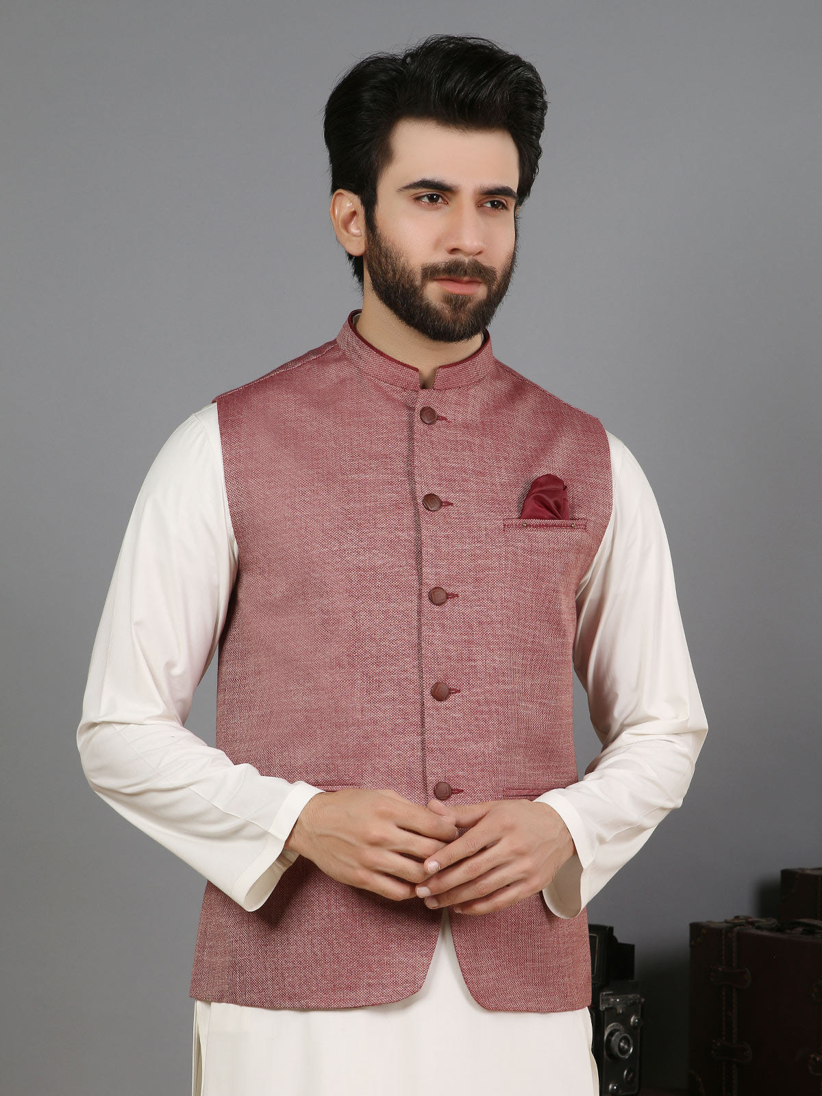 Edenrobe - Men's Burgundy Waist Coat - EMTWC19-005