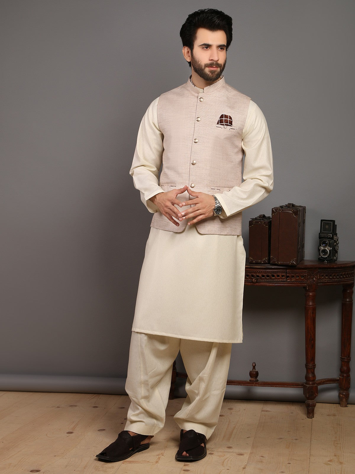 Edenrobe - Men's Light Beige Waist Coat - EMTWC19-006