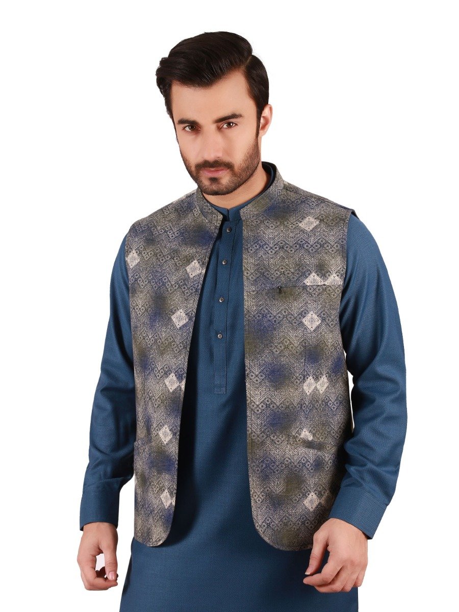 Edenrobe - Men's Blue Multi Waist Coat - EMTWC19-010