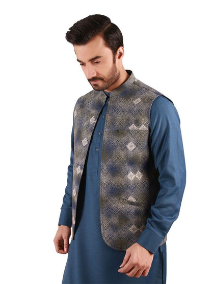 Edenrobe - Men's Blue Multi Waist Coat - EMTWC19-010