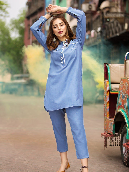 Edenrobe - Pret 2Pc Printed Denim Shirt Trouser - ELTK19-66851 (2-PCS)