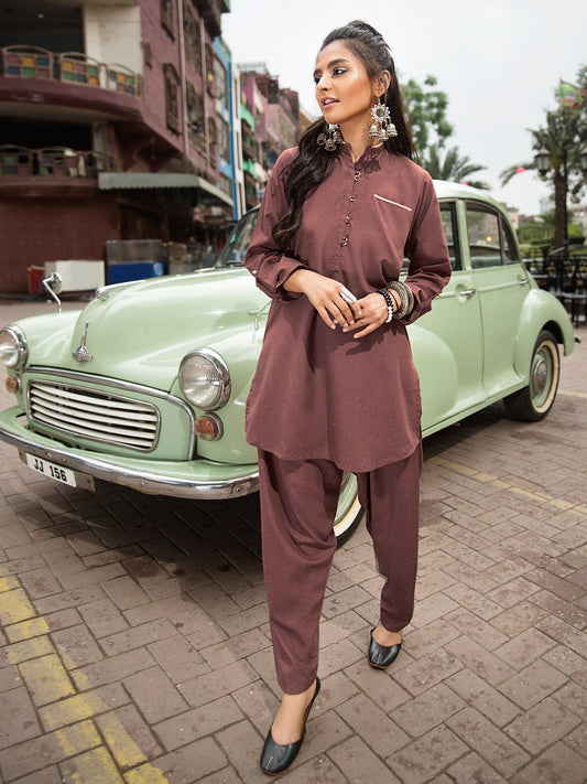 Edenrobe - Pret 2Pc Printed Brown Shirt Trouser - ELTK19-66862 (2-Pcs)