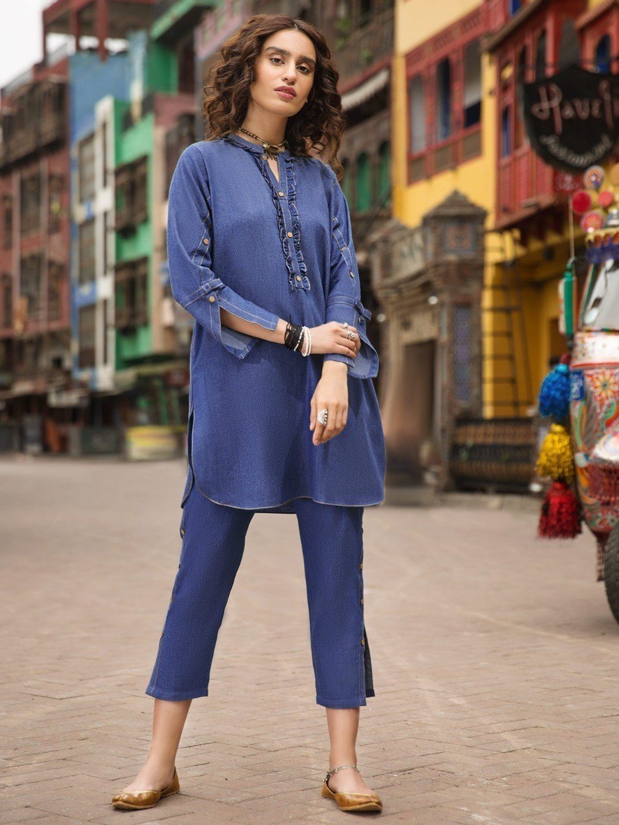 Edenrobe - Pret 2Pc Printed Blue Shirt Trouser - ELTK19-66871 (2-Pcs)