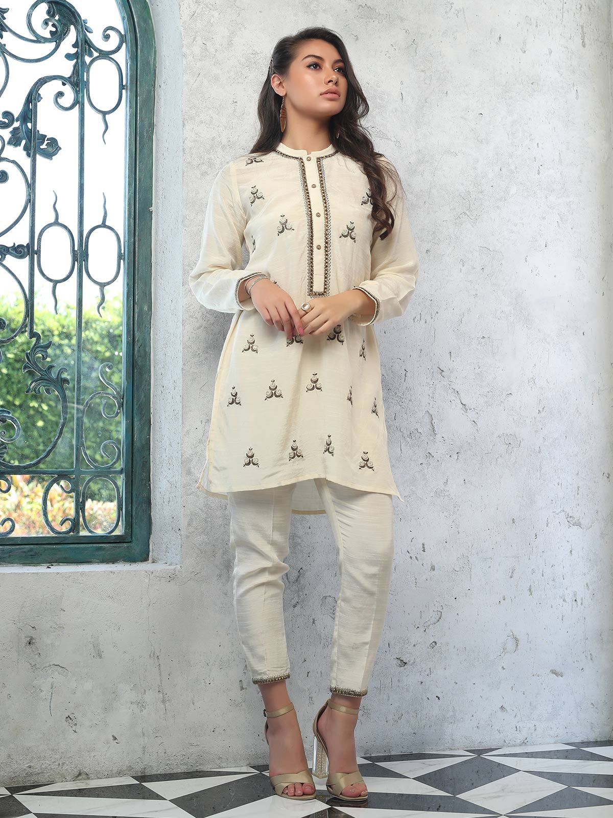 Edenrobe - Pret 2Pc Embroidered Cream Shirt Trouser - ELTKE19-66859 (2-Pcs)