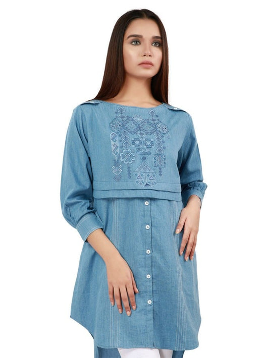 Edenrobe - Pret 1Pc Embroidered Denim Shirt - ELTKE19-66865
