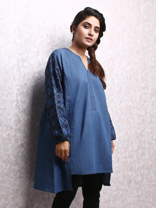 Edenrobe - Pret 1Pc Embroidered Denim Shirt - ELTKE19-66866