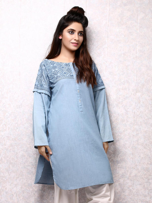 Edenrobe - Pret 1Pc Embroidered Denim Shirt - ELTKE19-66894