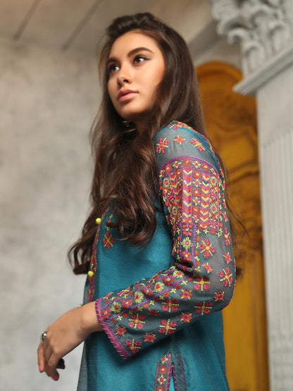 Edenrobe - Pret 1Pc Embroidered Turquoise Shirt - ELTKE19-66920