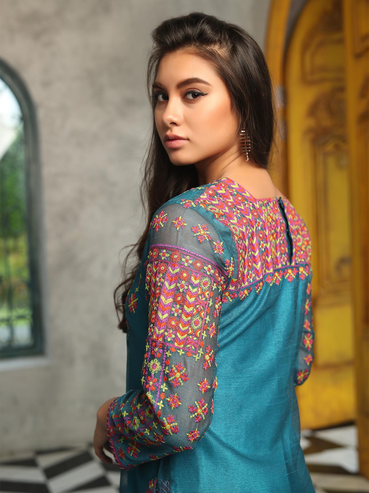 Edenrobe - Pret 1Pc Embroidered Turquoise Shirt - ELTKE19-66920