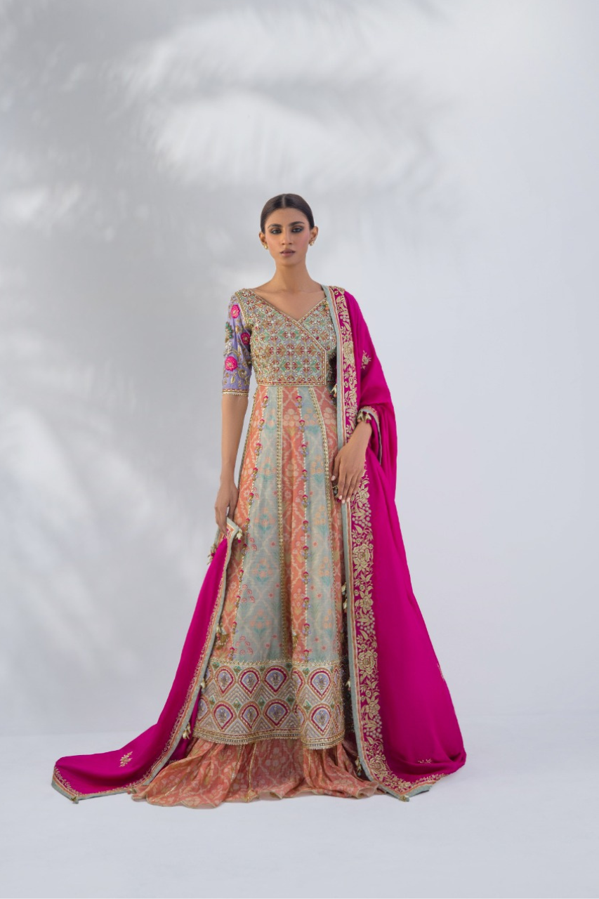 Worked Peshwas With Crushed Khaddi Silk Lengha In Pastel Shades