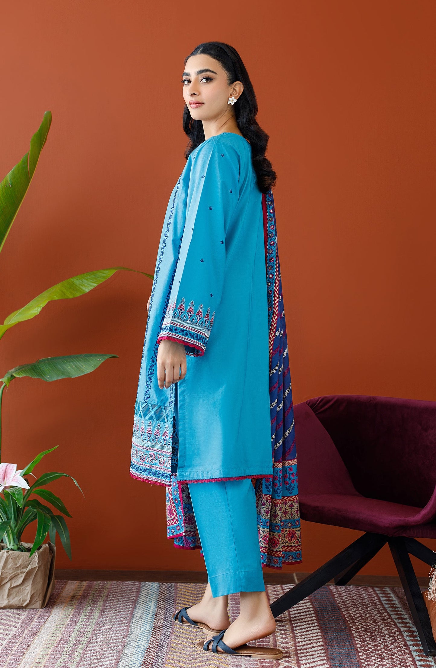 Orient - Stitched 3 Piece Embroidered Cambric Shirt , Cambric Pant and Lawn Dupatta