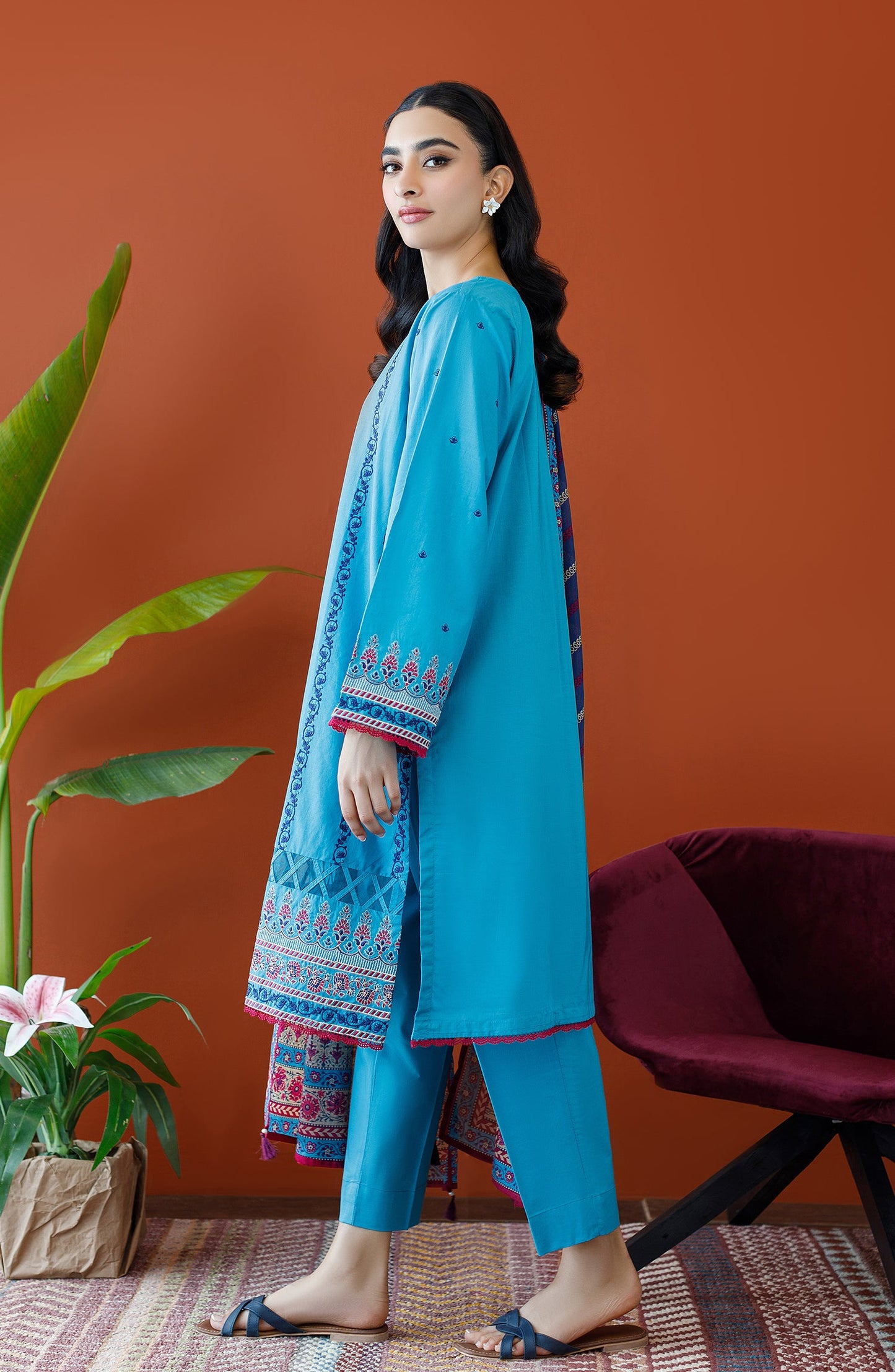 Orient - Stitched 3 Piece Embroidered Cambric Shirt , Cambric Pant and Lawn Dupatta
