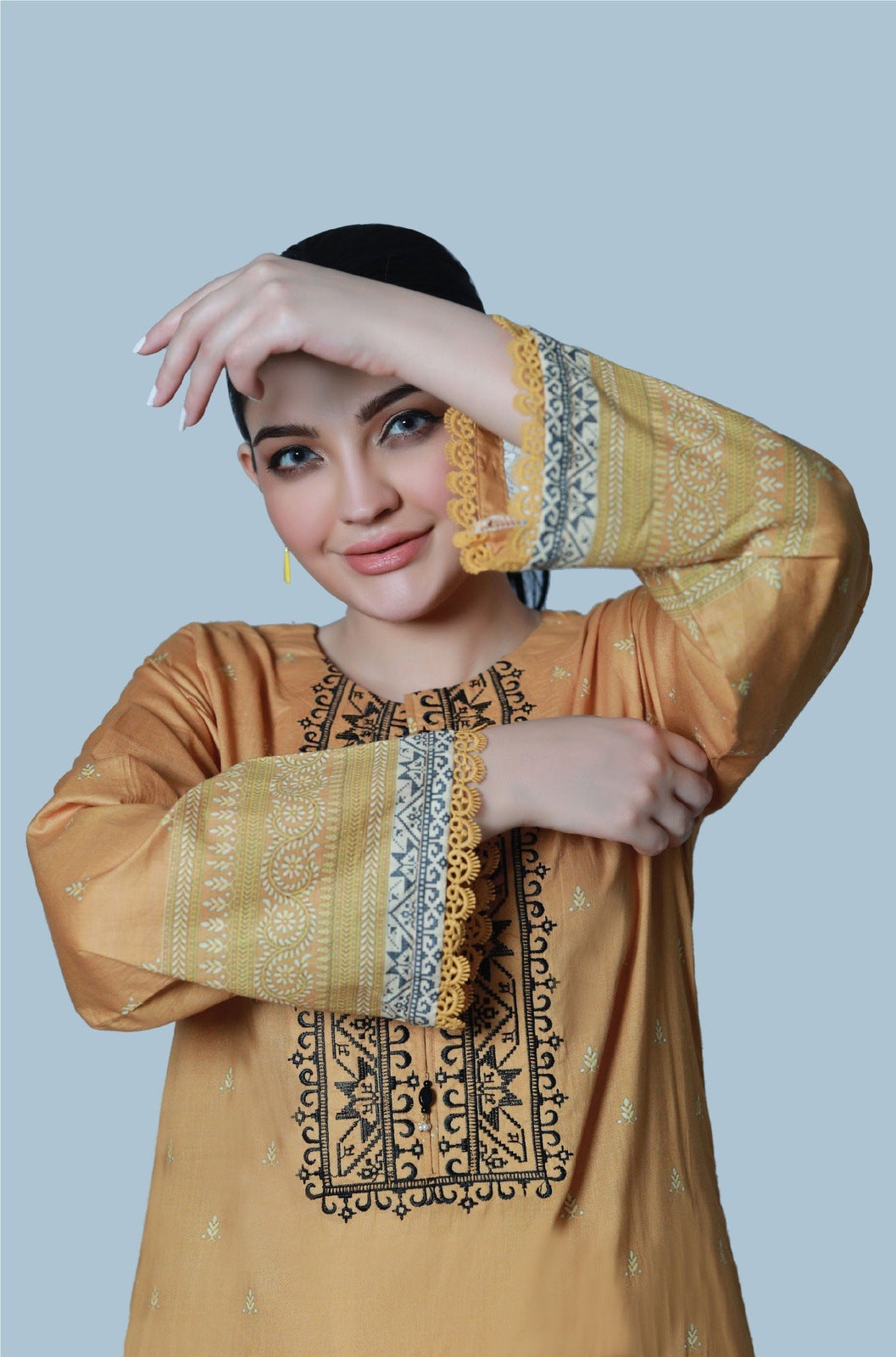 Bareeq Outfits - Ochre Glam Printed Lawn Shirt