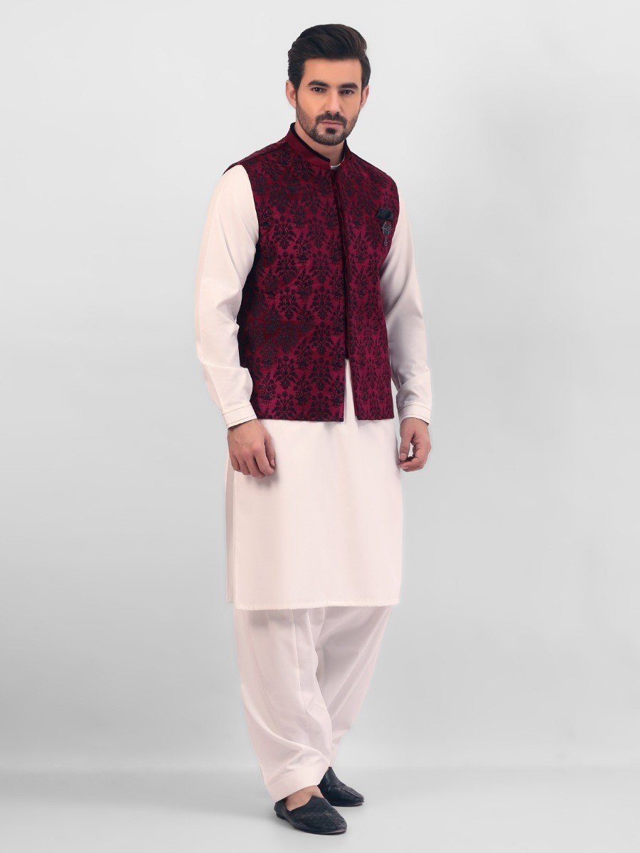 Edenrobe - Men's Maroon Waist Coat Ceremonial - EMTWCC20-069