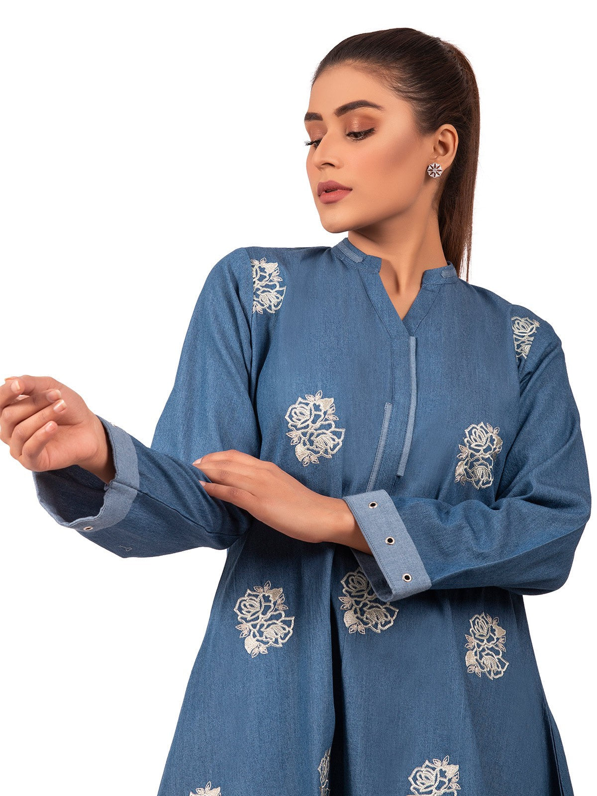 Edenrobe - Pret 1Pc Embroidered Denim Shirt - EWTKE20-66874
