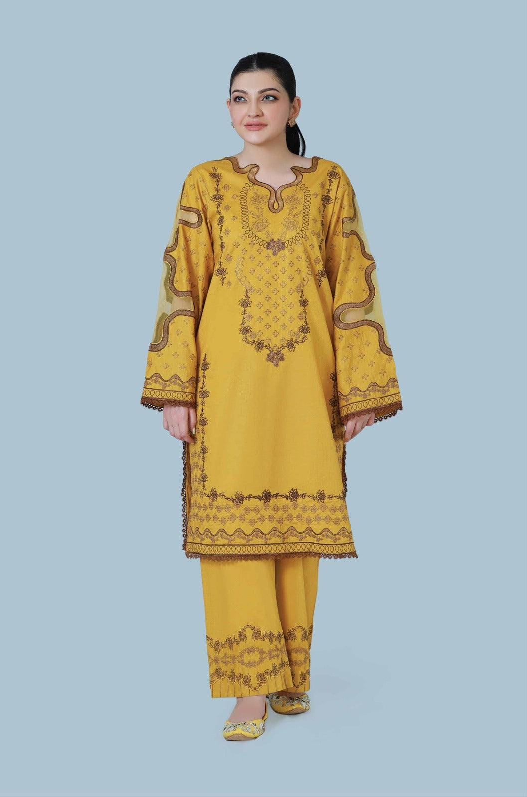 Bareeq Outfits - Mustard Muse 3 Piece Embroidered Stitched Suit