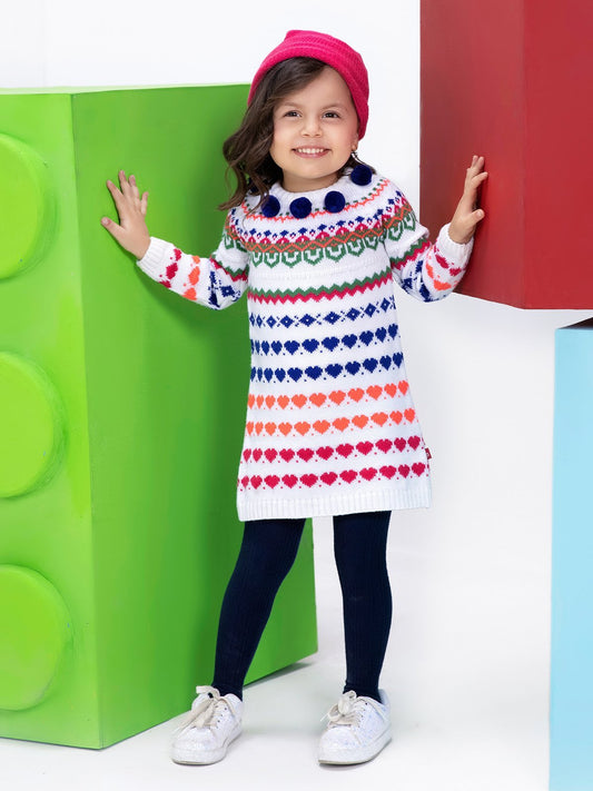 Edenrobe - Girl's White Multi Sweater Frock - EGTF21W-003