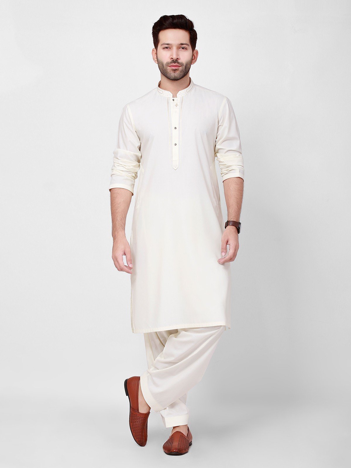Edenrobe - Men's Cream Kurta Shalwar - EMTKS21S-40924