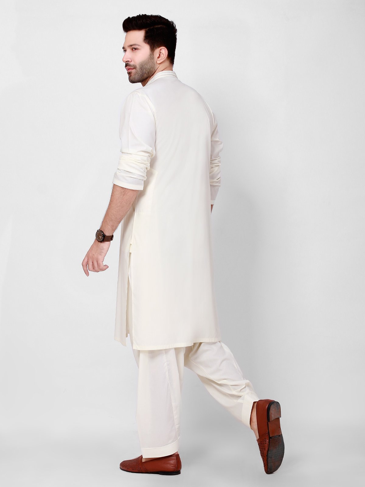 Edenrobe - Men's Cream Kurta Shalwar - EMTKS21S-40924