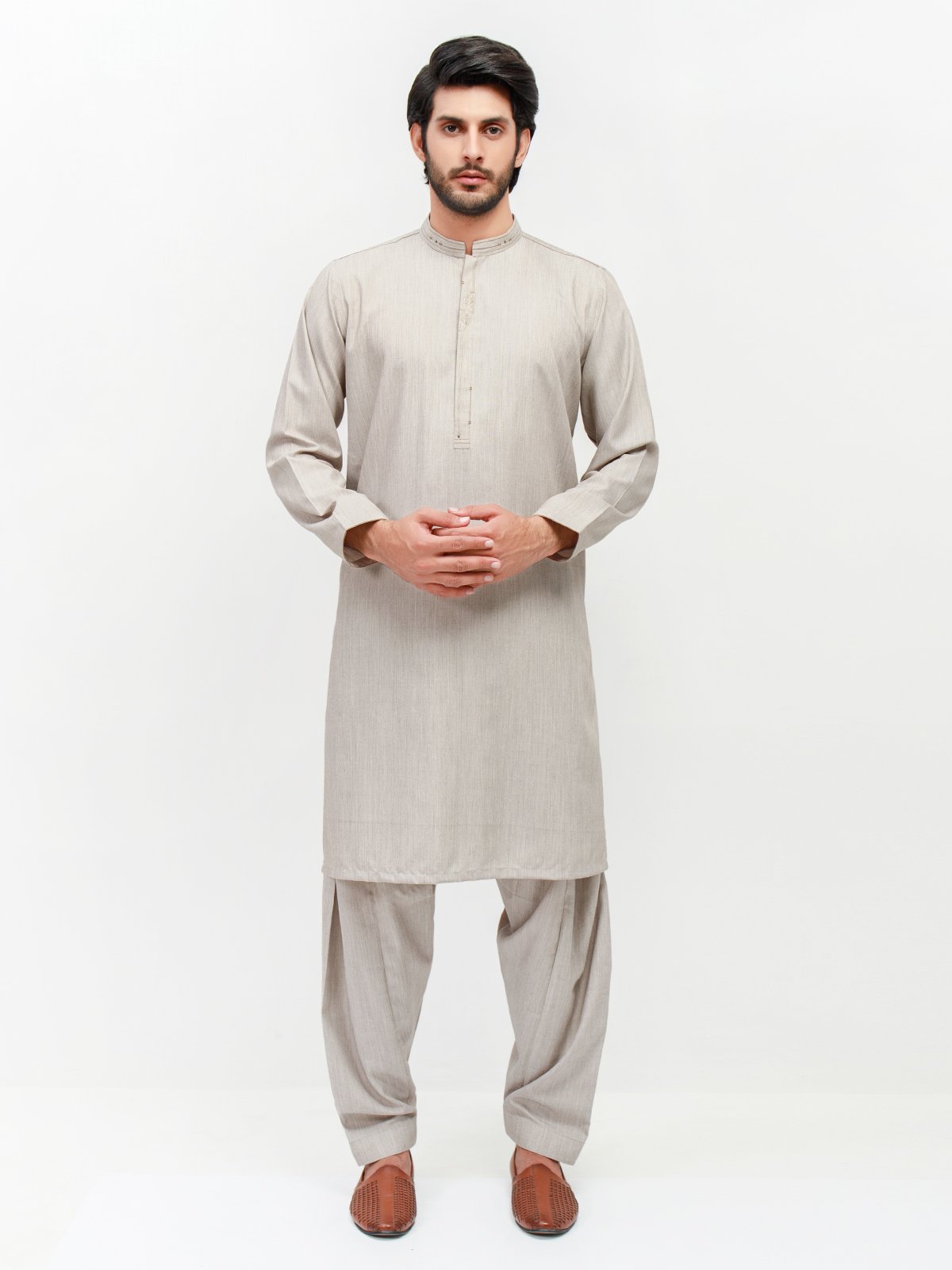 Edenrobe - Men's Light Grey Kurta Shalwar - EMTKS21S-40939