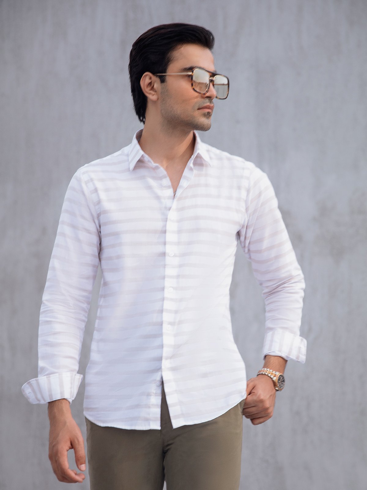 Edenrobe - Men's Vertical Striped White Shirt - EMTSUC21-134