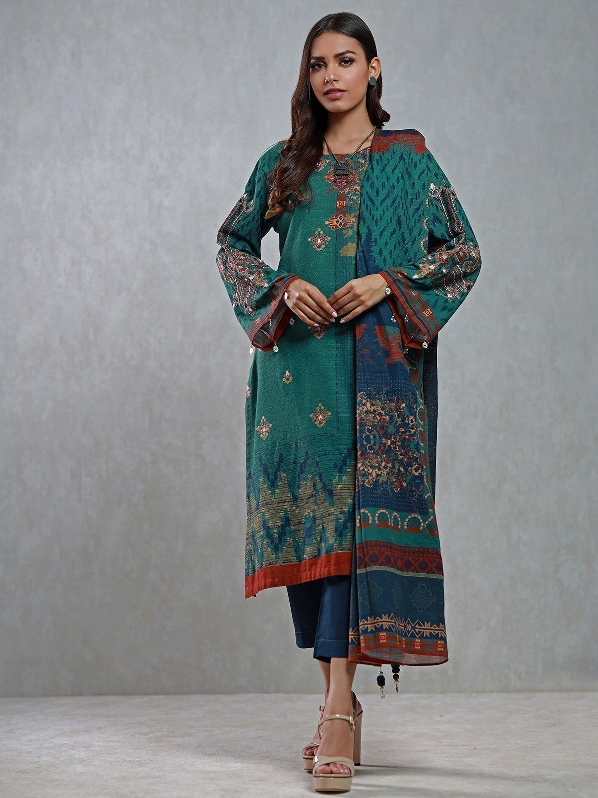 Edenrobe - Pret 3Pc Embroidered Khaddar Suit - EWTKE21-67374 (3-PCS)