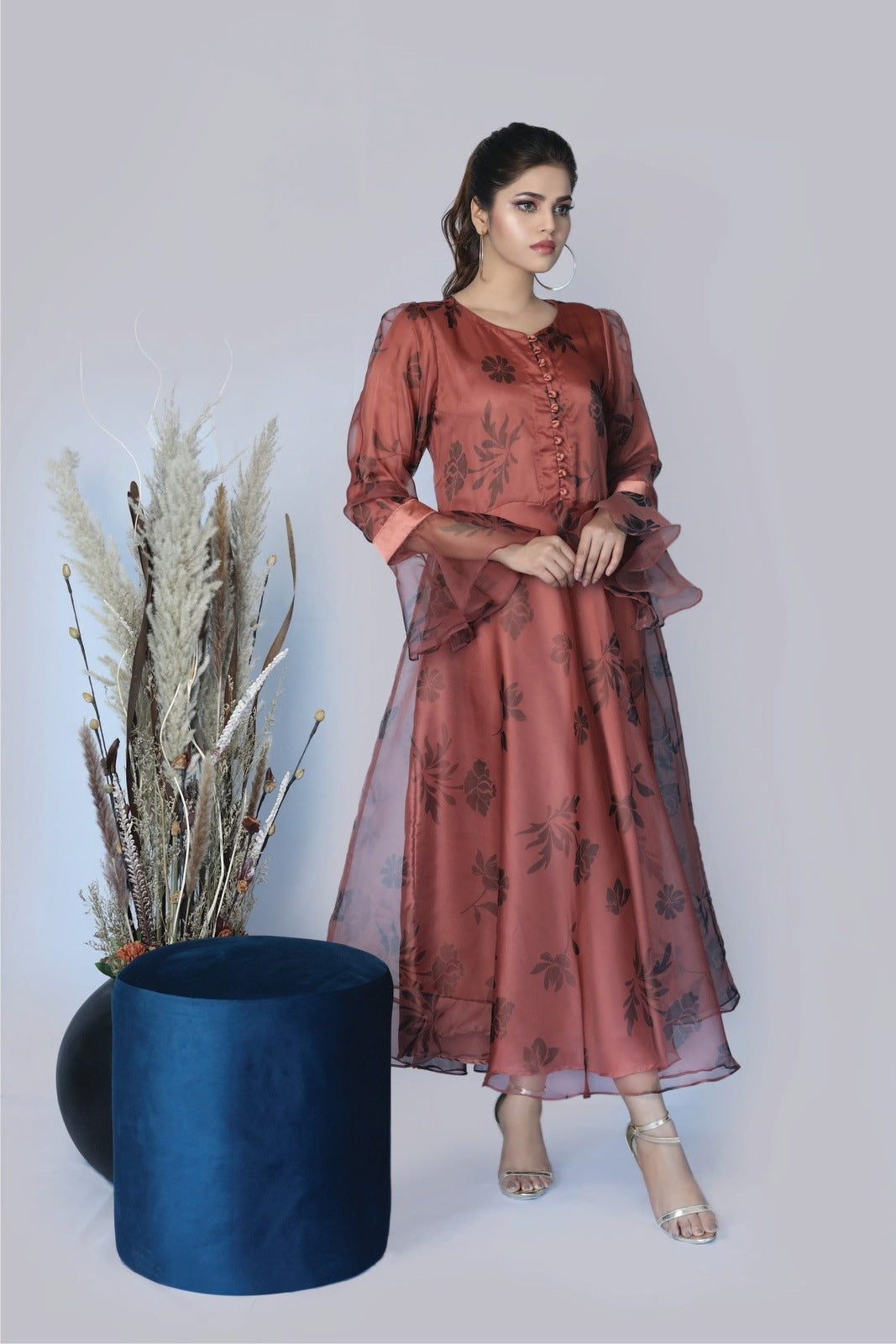 Bareeq Outfits - Cranberry Floral Printed Frock