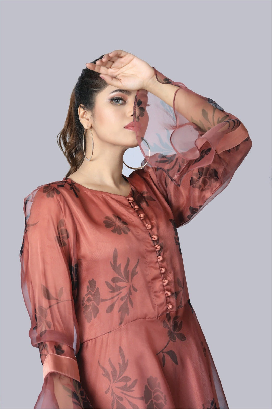 Bareeq Outfits - Cranberry Floral Printed Frock