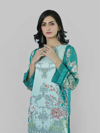 Bareeq Outfits - Florence Teal 3 Piece Printed Unstitched Suit