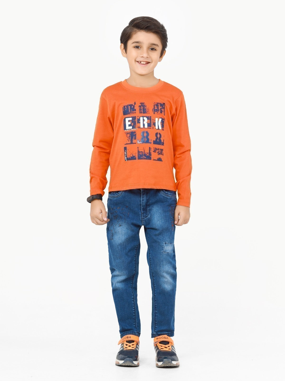 Edenrobe - Boy's Orange & Grey Full Sleeve T-Shirt - EBTGF22-017