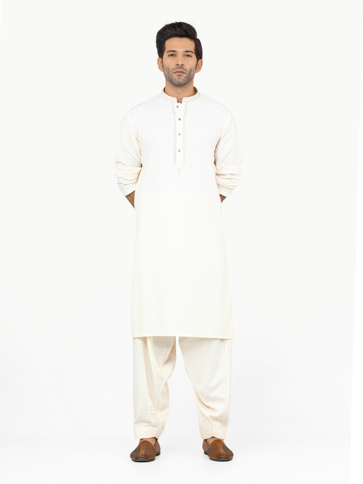 Edenrobe - Men's Cream Kurta Shalwar - EMTKS22S-40947