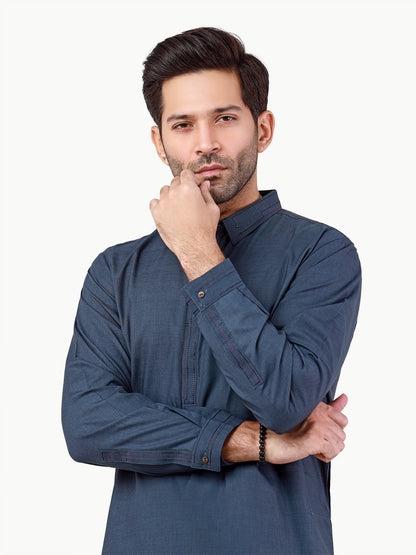Edenrobe - Men's Steel Blue Kurta Shalwar - EMTKS22S-40985