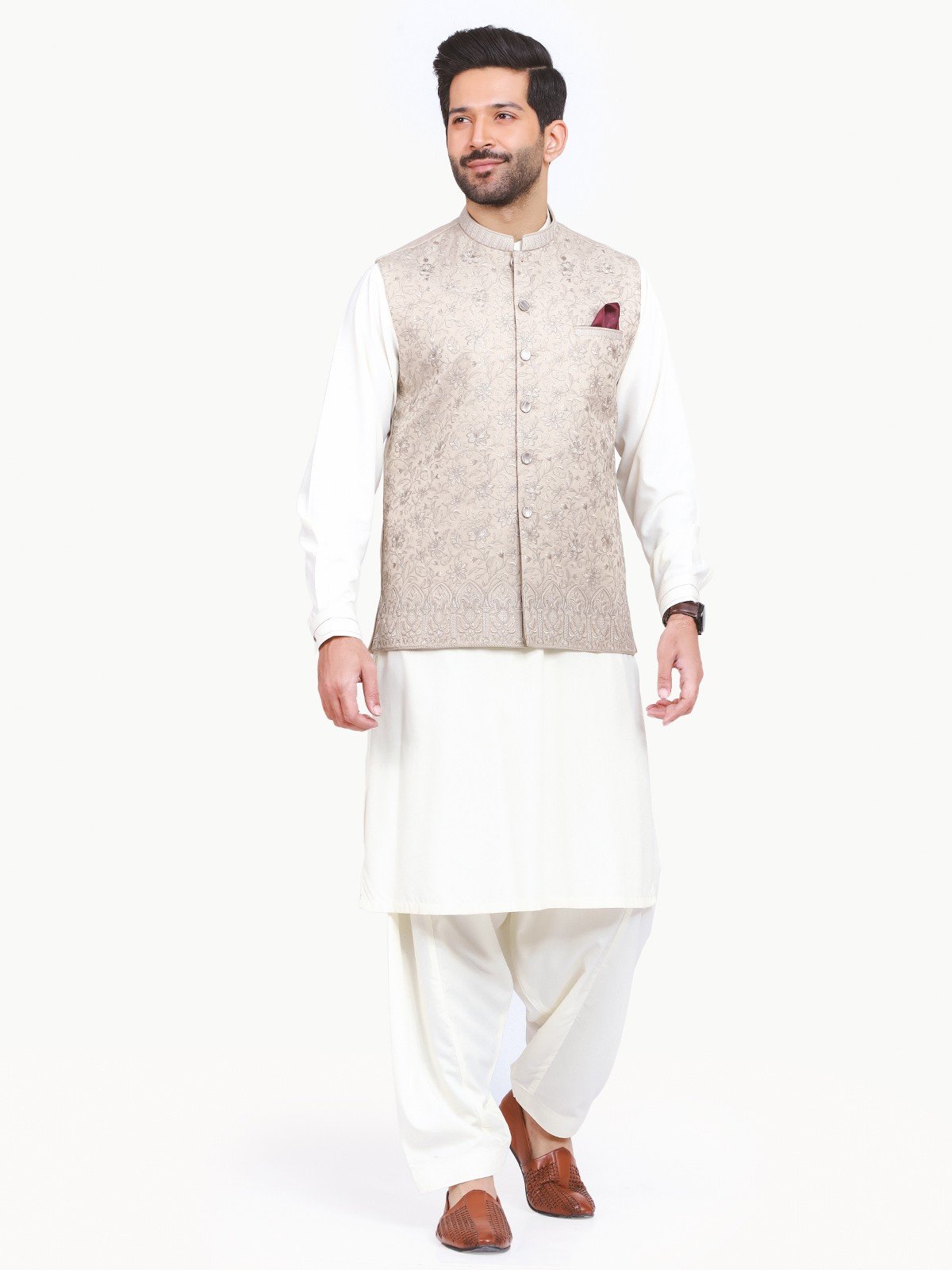 Edenrobe - Men's Light Fawn Waist Coat Ceremonial - EMTWCC22-113