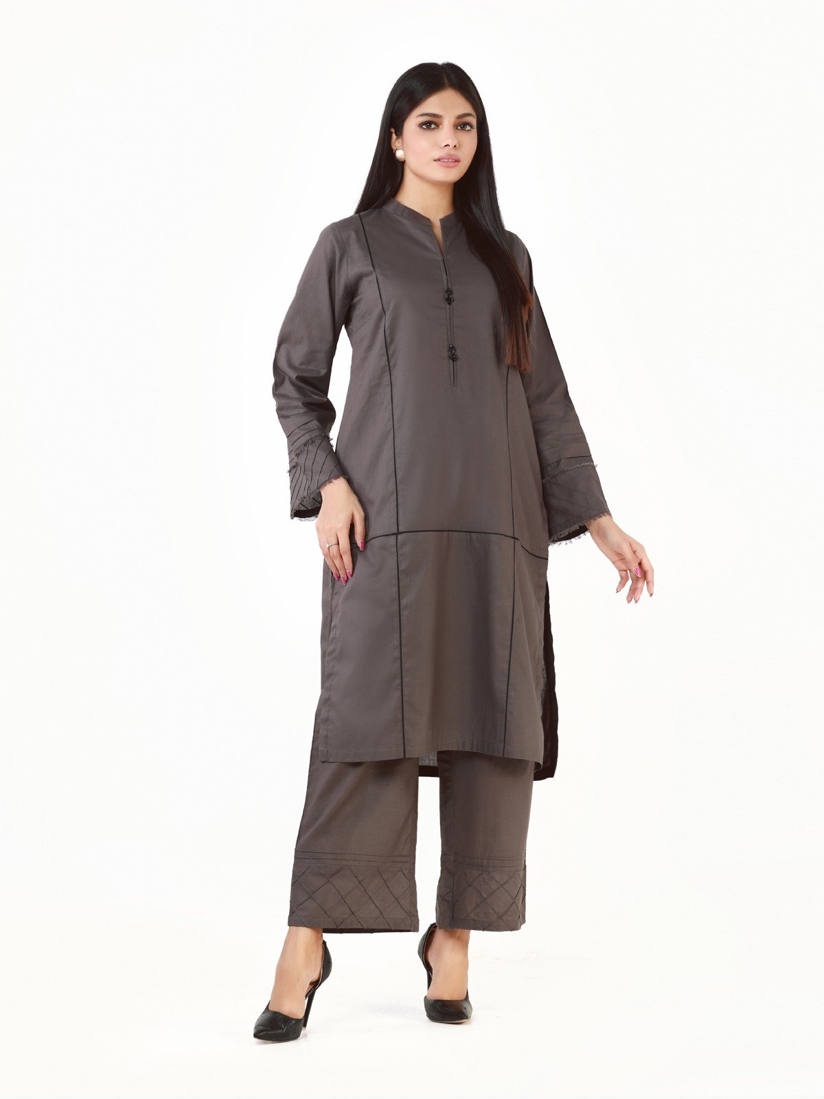 Edenrobe - Grey Plain Shirt Trouser Co-Ord Set - EWTK22-68127 (2-Pcs)